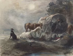 Ubernachtung im Planwagen by August Von Pettenkofen Oil Painting