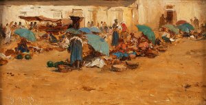 Ungarischer Markt mit blauen Schirmen by August Von Pettenkofen Oil Painting