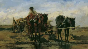 Ungarisches Bauernfuhrwerk am Wasser by August Von Pettenkofen Oil Painting