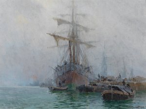 Fishing Boats by the Jetty by August Von Ramberg Oil Painting