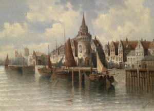 Blick auf eine Hafenstadt by August Von Siegen Oil Painting