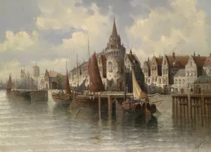 Blick auf eine Hafenstadt by August Von Siegen Oil Painting