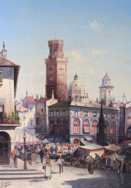 Main Product Photo of Marktplatz in Bologna Painting by August Von Siegen