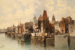 Stadt am Fluss by August Von Siegen Oil Painting