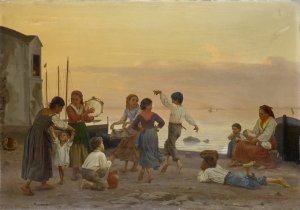 Children Dancing the Saltarello at the Beach in Capri by August Weckesser Oil Painting