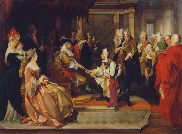 Kaiser Karl VI. uberreicht Prinz Eugen nach der Schlacht bei Belgrad den Ehrendegen  by August Wenzel Mantler - Hand-Painted Oil Painting Reproduction