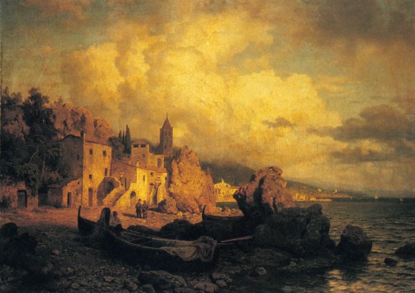 Main Product Photo of A Coastal Fishing Village Painting by August Wilhelm Leu