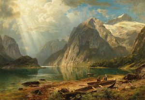 A Fjord Landscape by August Wilhelm Leu Oil Painting