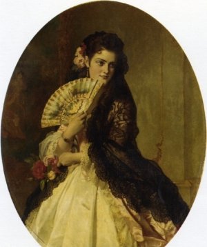 An Elegant Lady with a Fan Wearing a Black Shawl