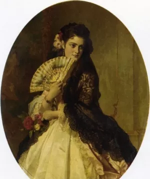 An Elegant Lady with a Fan Wearing a Black Shawl painting by August Wilhelm Sahn