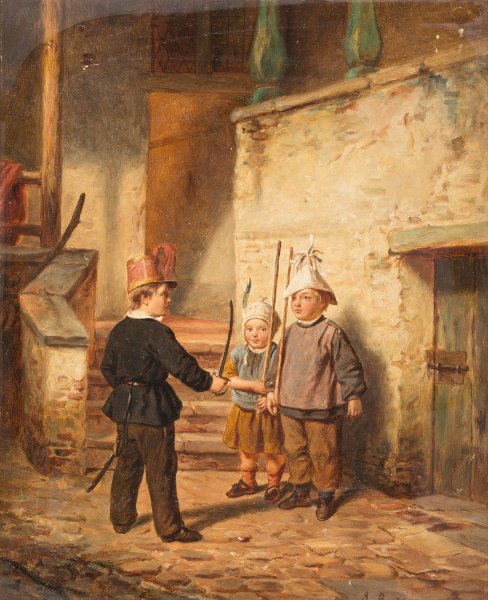 Children playing soldiers  by Auguste Bachelin - Hand-Painted Oil Painting Reproduction