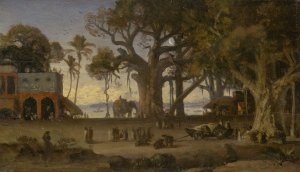 Moonlit Scene of Indian Figures and Elephants among Banyan Trees, Upper India by Auguste Borget Oil Painting