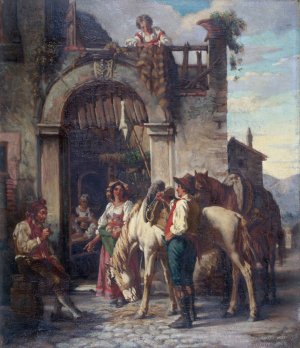 La halte des chevaux a l'auberge by Auguste Dutuit Oil Painting
