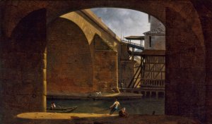 Le Pont et la Pompe Notre-Dame, vus de la voute du quai de Gesvres by Auguste Jacques Regnier Oil Painting