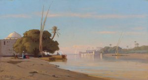 Mosque on the banks of the Nile by Auguste Louis Veillon Oil Painting