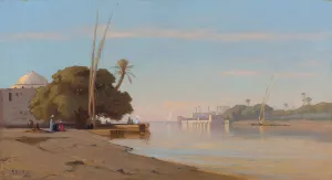 Mosque on the banks of the Nile by Auguste Louis Veillon Oil Painting