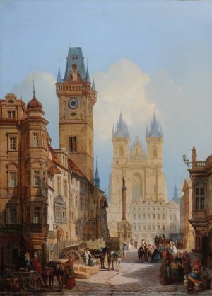 Vue de la Grande Place de Prague et de l'ancien Hotel de Ville by Auguste Mathieu Oil Painting