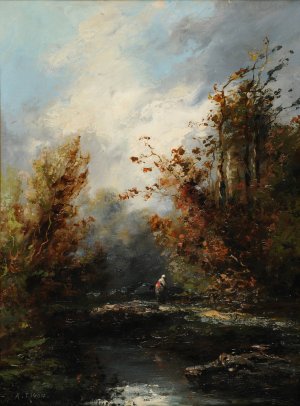 Paysage avec cours d'eau et paysanne by Auguste Rigon Oil Painting