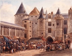 Le bouf gras devant le Grand Chatelet, un jour de Carnaval Oil painting by Auguste-Sebastien Benard