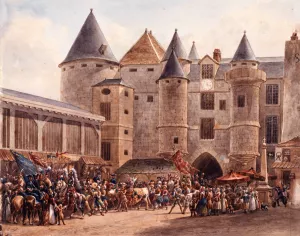 Le bouf gras devant le Grand Chatelet, un jour de Carnaval Oil painting by Auguste-Sebastien Benard