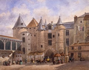 Le Grand Chatelet du XVIIIeme siecle Oil painting by Auguste-Sebastien Benard