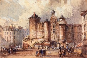 L'entree de l'ancienne forteresse du Grand Chatelet, un jour de Carnaval by Auguste-Sebastien Benard Oil Painting