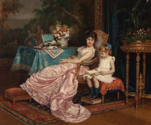 A mother and daughter reading by Auguste Toulmouche Oil Painting