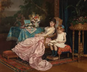 A mother and daughter reading by Auguste Toulmouche Oil Painting