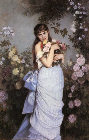 A Young Woman in a Rose Garden Oil painting by Auguste Toulmouche