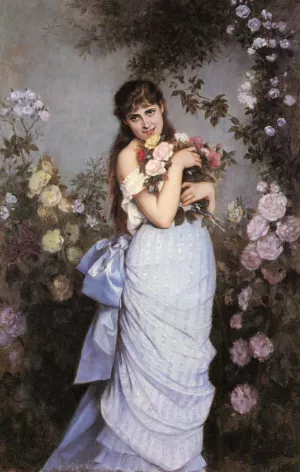 A Young Woman in a Rose Garden by Auguste Toulmouche Oil Painting