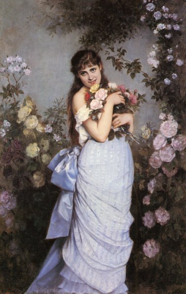 A Young Woman in a Rose Garden by Auguste Toulmouche - Hand-Painted Oil Painting Reproduction