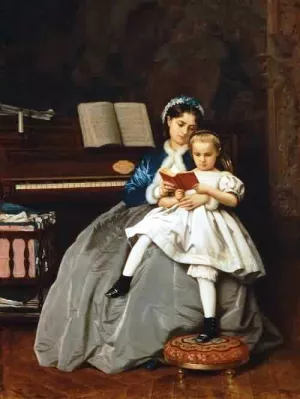 The Reading Lesson by Auguste Toulmouche Oil Painting