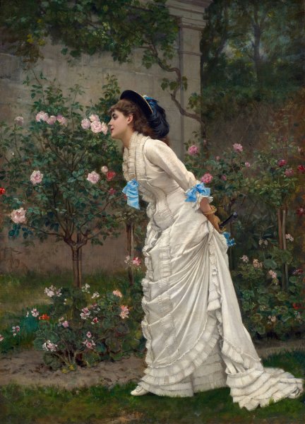Woman And Roses  by Auguste Toulmouche - Hand-Painted Oil Painting Reproduction