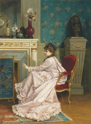 Woman by a Fireplace Oil painting by Auguste Toulmouche