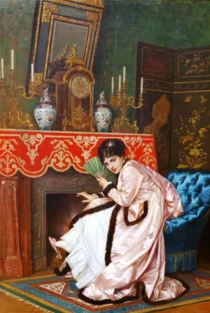 Woman Sitting in Front of a Fireplace by Auguste Toulmouche Oil Painting
