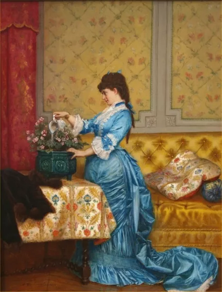 Young Lady in Blue Dress by Auguste Toulmouche Oil Painting Reproduction  For Sale | OilPaintings.com