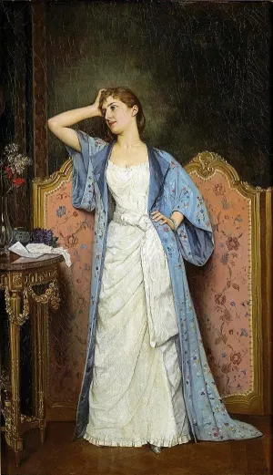 Young Woman by the Screen by Auguste Toulmouche Oil Painting