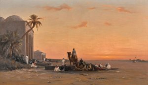 Halt by the well by Auguste Veillon Oil Painting