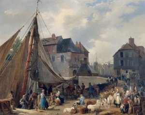 Le port d'Honfleur, l'embarquement des bestiaux by Auguste Xavier Leprince Oil Painting