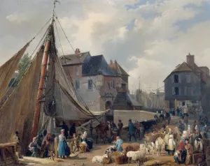 Le port d'Honfleur, l'embarquement des bestiaux Oil painting by Auguste Xavier Leprince
