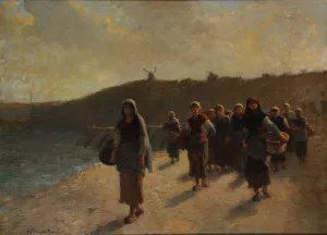 Rentree des glaneuses d'huitres by Augustin Feyen-Perrin Oil Painting