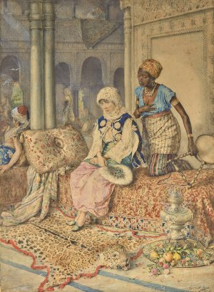 Woman and her maid in a harem by Augusto Ballerini Oil Painting