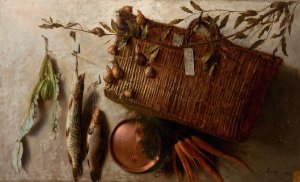 Straw Basket with Fish by Augusto Ferri Oil Painting