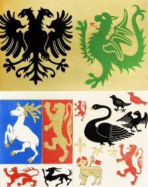 Conventional Forms of Animals ; Eagle, Dragon, Hart, Lion, Swan, Lamb, Martlet. by Augustus Pugin Oil Painting