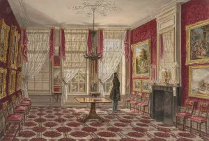 19e eeuws interieur met schilderijen en staande figuur Oil painting by Augustus Wijnantz