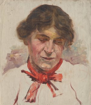 Head Study of Woman with Red Bow by Aurel Ballo Oil Painting