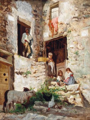 Playing on the steps of an Italian villa by Aurelio Tiratelli Oil Painting
