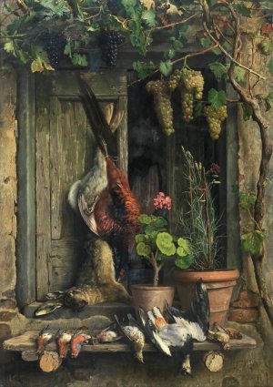Still Life with Birds, a Hare, Carnations and Geraniums in a Pot under a Vine by Aurelio Zingoni Oil Painting