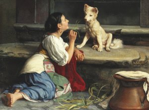 Ung Italienerinde, der leger med en Hund by Axel Helsted Oil Painting
