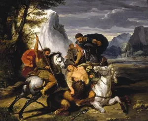 Lion Hunt by Benigne Gagneraux - Oil Painting Reproduction